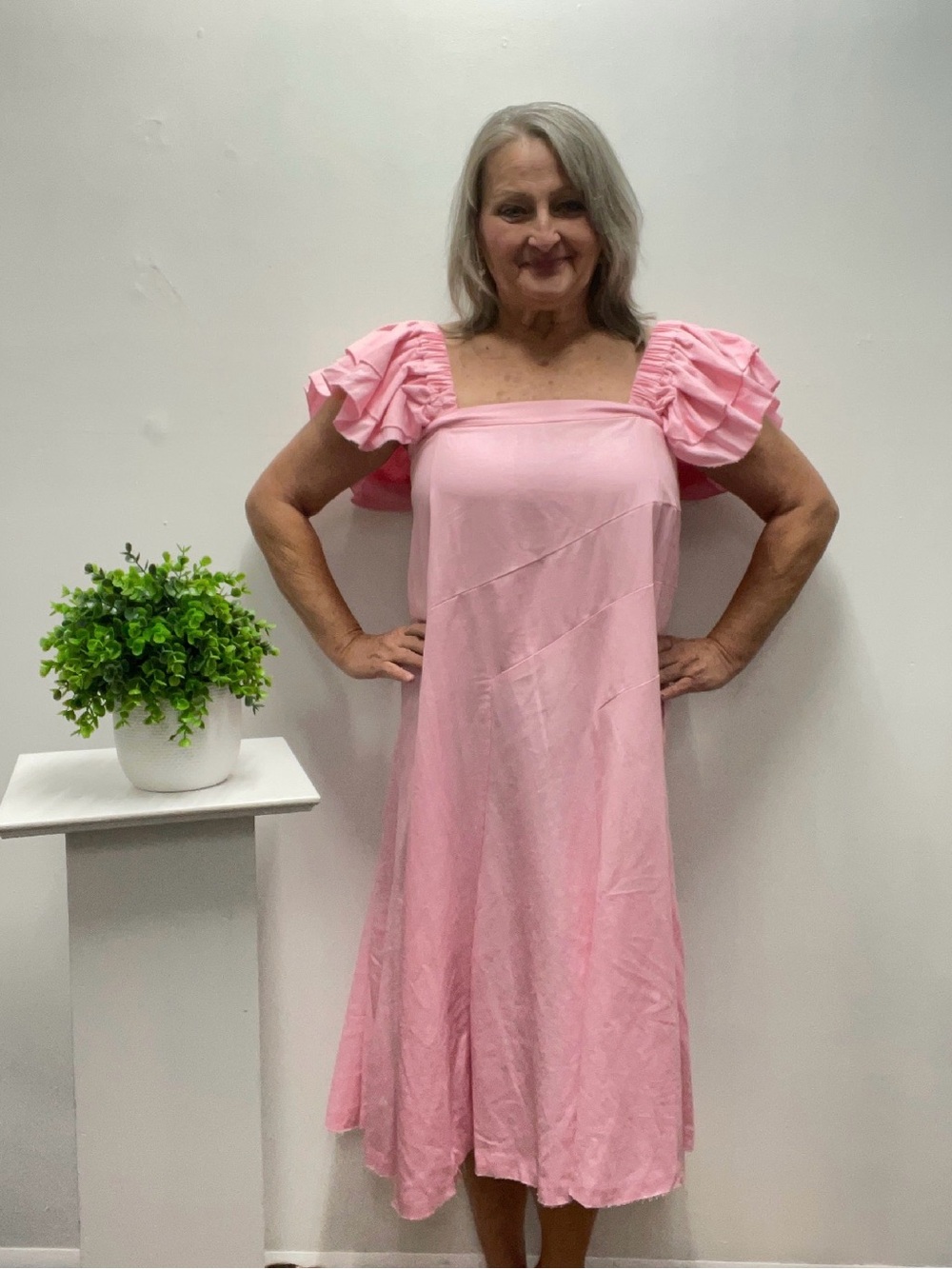 Square-Neck Pink Midi Dress with Puff Sleeves with removable sleeves linen blend